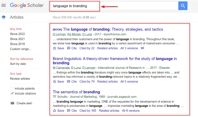 Google Scholar Research on Language in Branding